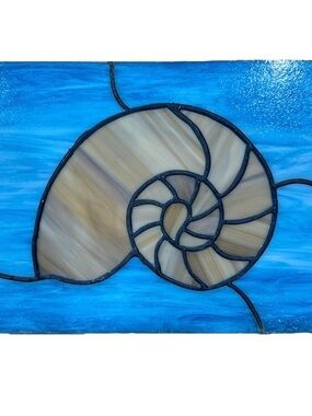 Stained Glass Nautilus Shell Panel 12x9 Ocean Blue Handmade Coastal Decor